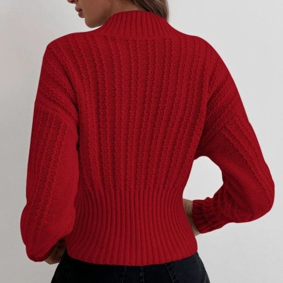 red v-neck textured knit sweater trending fall winter casual - Picture 2 of 7